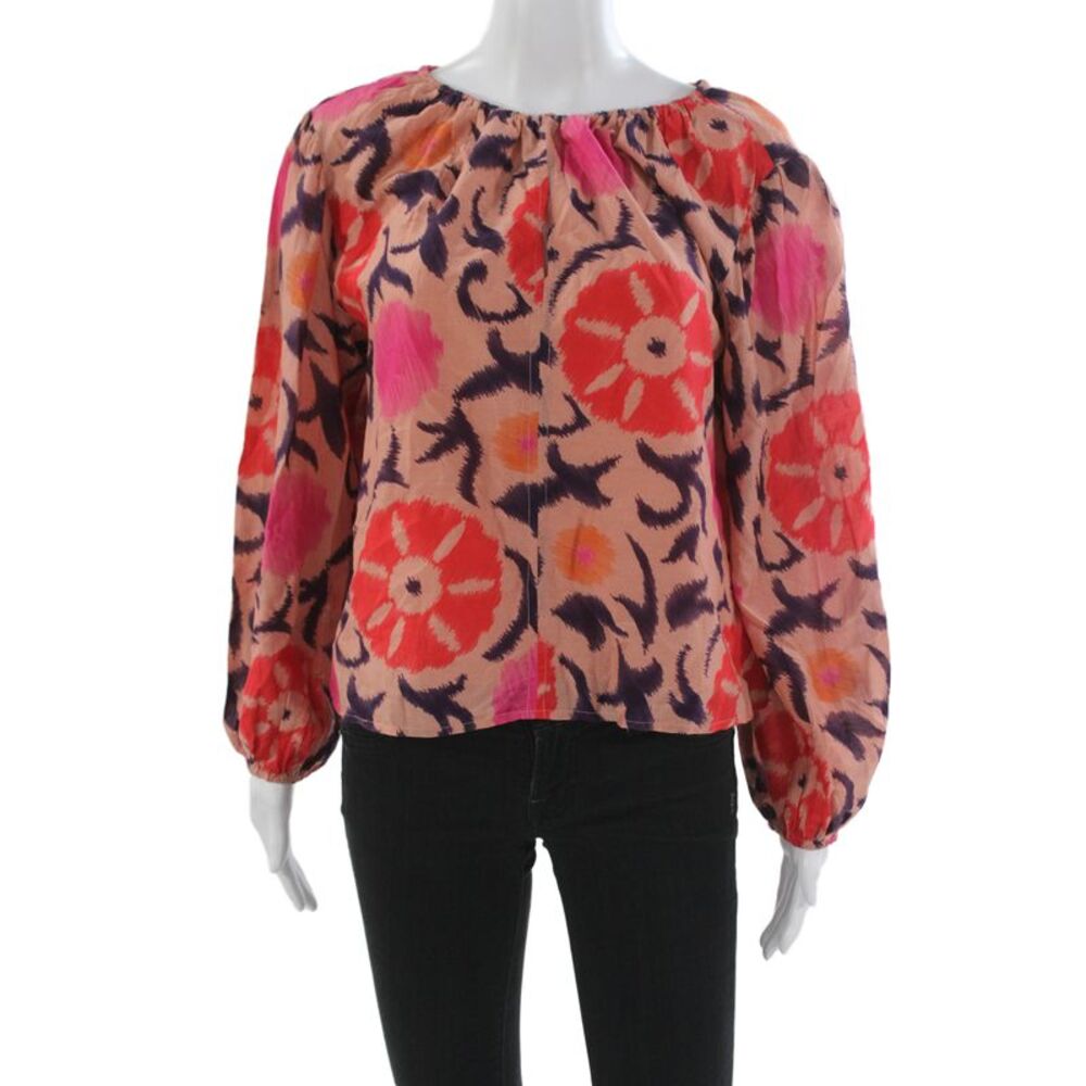 Velvet Women Bohemian Pink Floral Long Sleeve Round Neck Blouse Size XS
